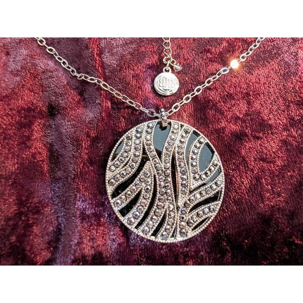 Signed Dana Buchman Necklace - Silver-tone with Black Enamel, Rhinestones